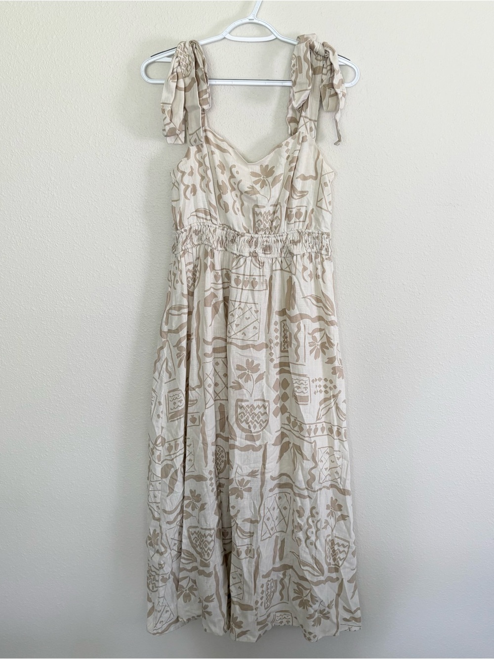 By the River Beige Print Tiered Midi Dress Prairie Cottagecore Simple Size S